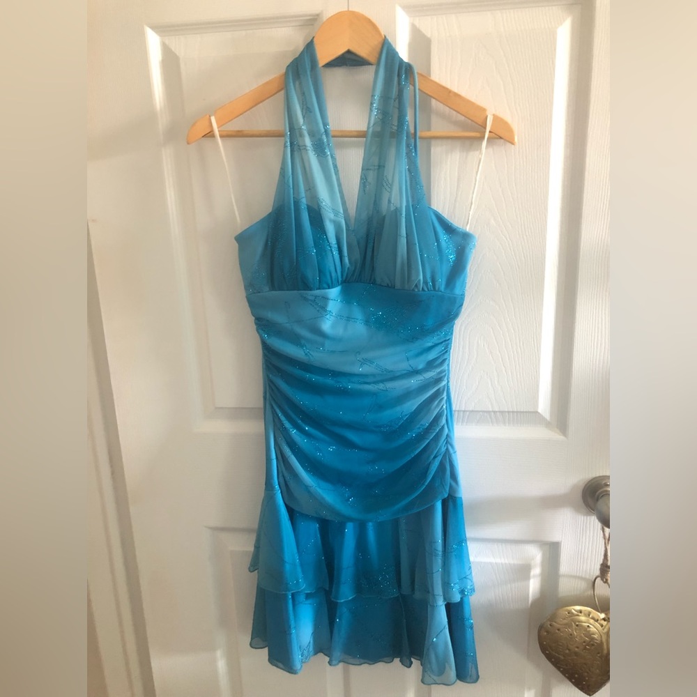 Sparkly blue formal halter dress